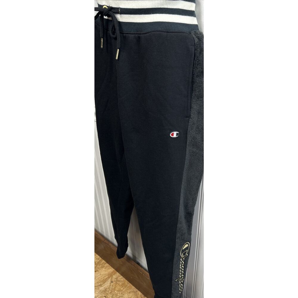Champion Black Joggers Womens M Thick Ribbed Waist Gold Spellout Fleece Trim